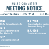 A graphic that lists all the bills the committee will consider during its January 12, 2026 meeting.