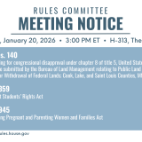 A graphic that lists all the bills the committee will consider during its January 20, 2026 meeting.