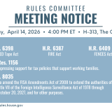 A graphic that lists all the bills the committee will consider during its April 14, 2026 meeting.