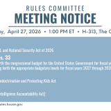 A graphic that lists all the bills the committee will consider during its April 27, 2026 meeting.