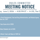 A graphic that lists all the bills the committee will consider during its June 2, 2026 meeting.