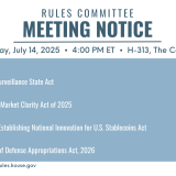 A graphic that lists all the bills the committee will consider during its July 14, 2025 meeting.